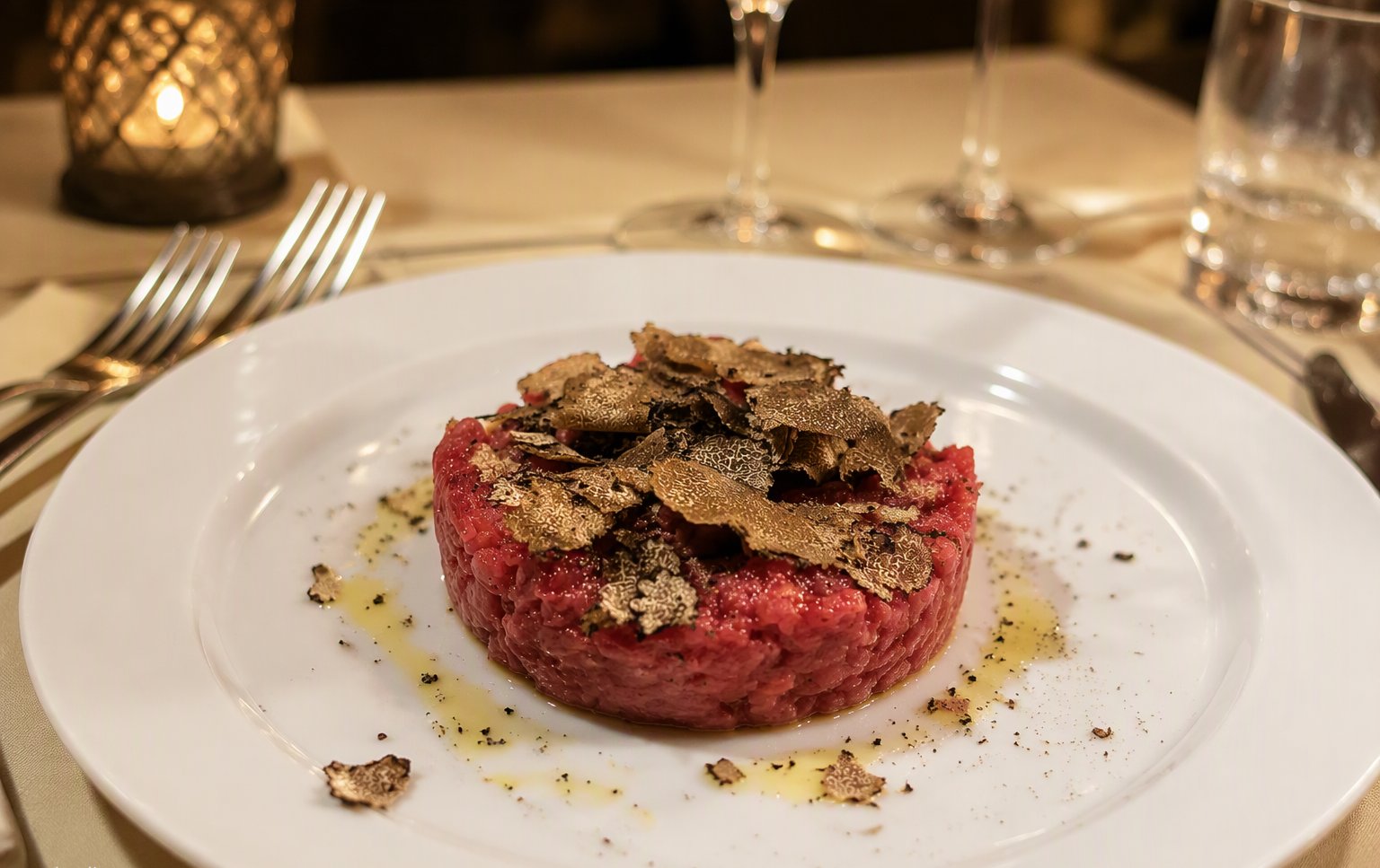 La tartare di manzo con tartufo nero e olio d'oliva