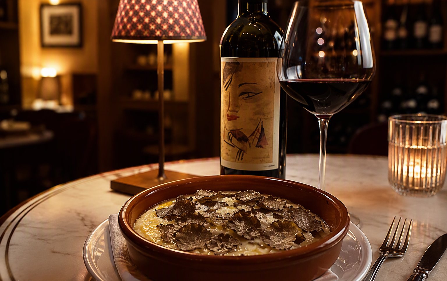 Il risotto cremoso al tartufo con una bottiglia di rosso sullo sfondo