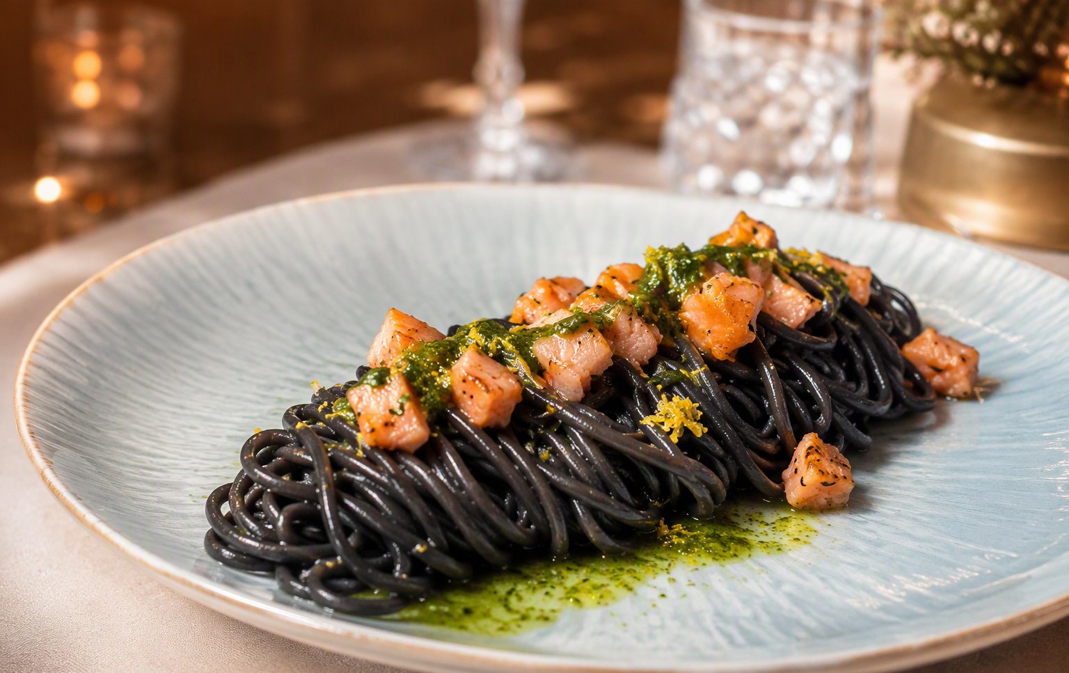 Gli spaghetti al nero di seppia con cubetti di salmone e salsa verde