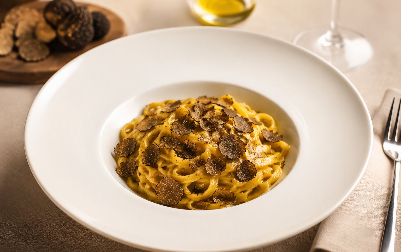 Le tagliatelle fresche coperte di lamelle di tartufo nero